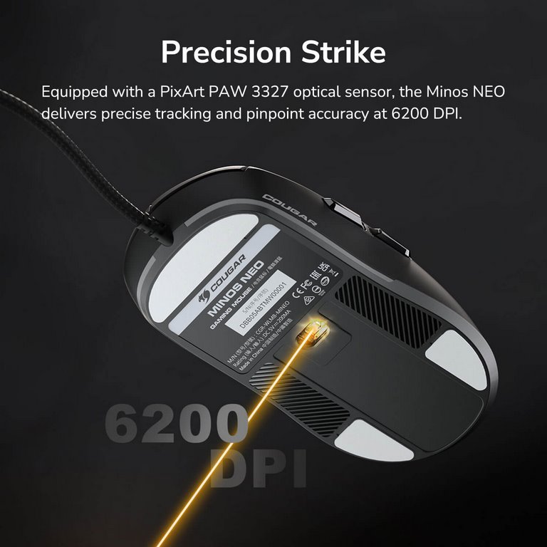 COUGAR herní myš drátová MINOS NEO WHITE, 6 tl., čip PixArt 3327, 6000dpi, 220 IPS, 63g, USB-A, Ultraflex kabel 1.8m