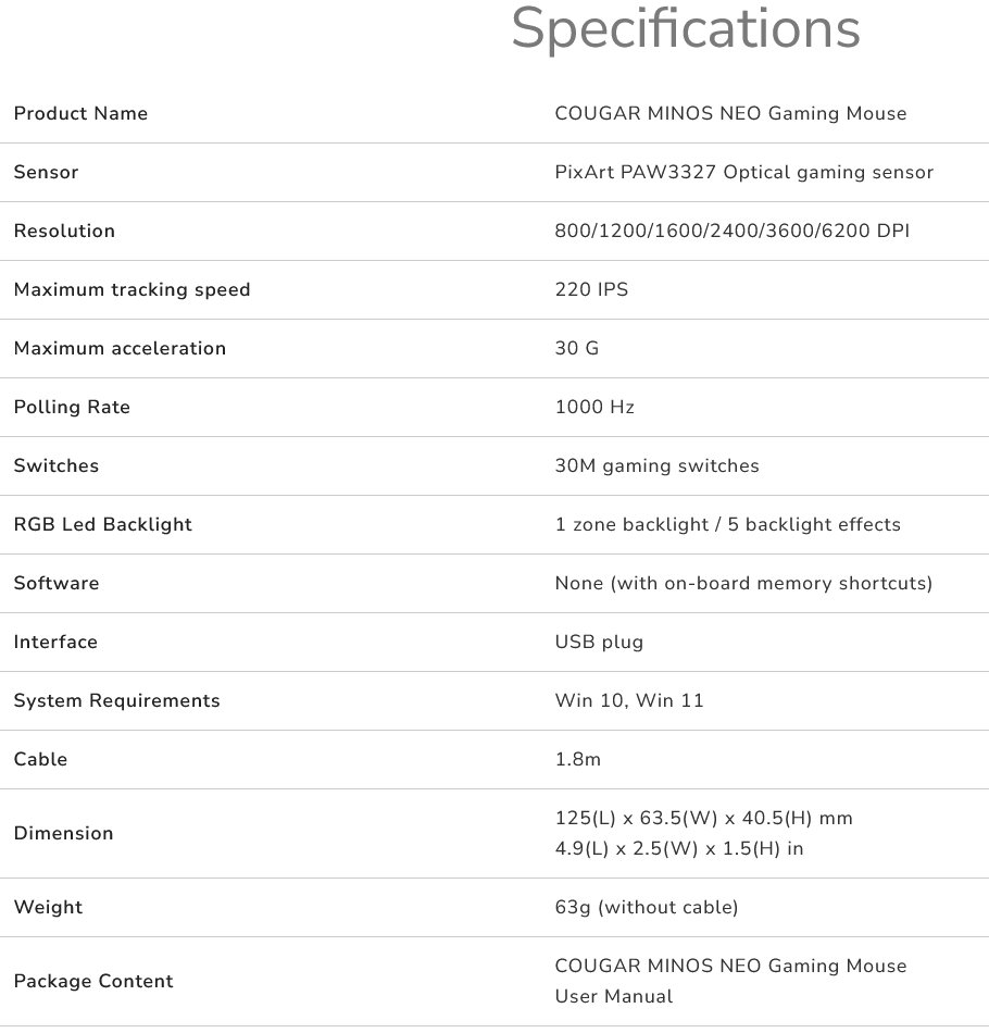 COUGAR herní myš drátová MINOS NEO WHITE, 6 tl., čip PixArt 3327, 6000dpi, 220 IPS, 63g, USB-A, Ultraflex kabel 1.8m