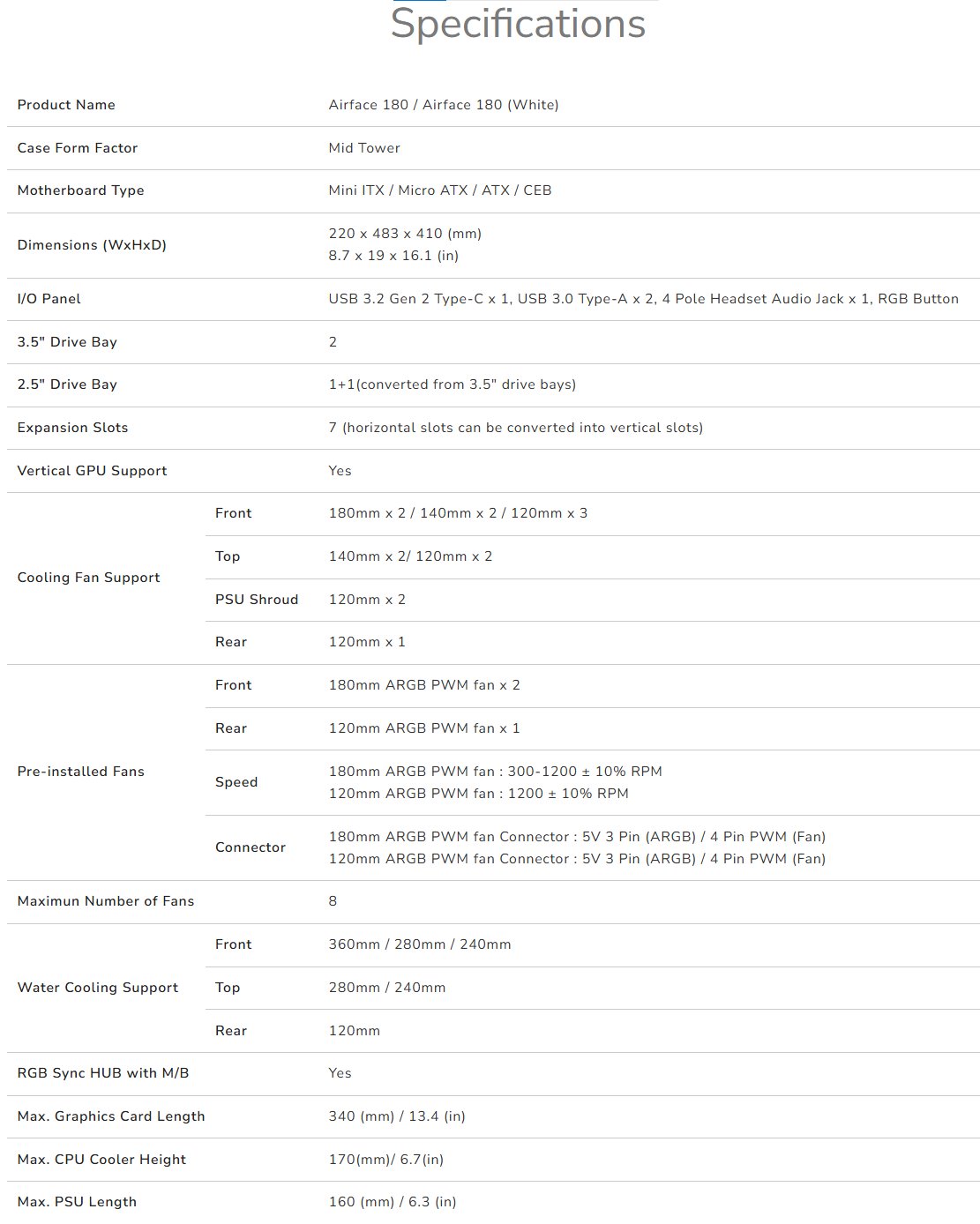 COUGAR PC skříň AIRFACE 180 PC Case, Mid Tower, White