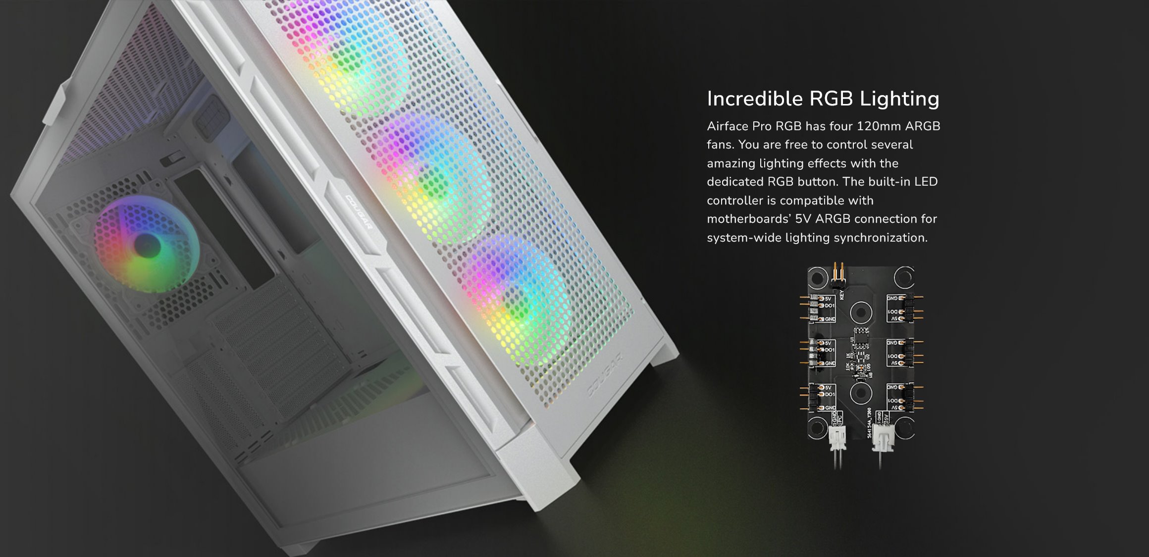 COUGAR PC skříň AIRFACE PRO RGB White Mid Tower Airflow Panel 3 x 120mm ARGB Fans 1x 120mm ARGB Fan TG Left Panel