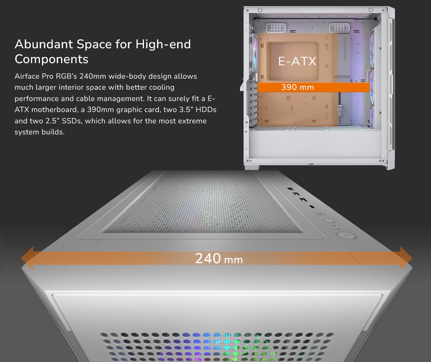 COUGAR PC skříň AIRFACE PRO RGB White Mid Tower Airflow Panel 3 x 120mm ARGB Fans 1x 120mm ARGB Fan TG Left Panel