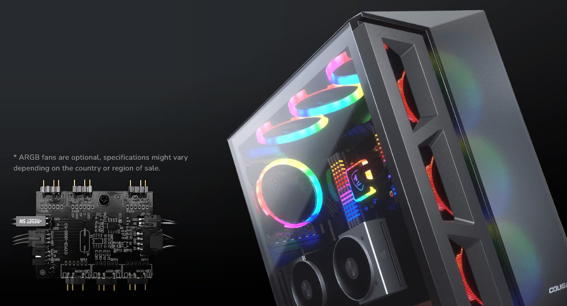 COUGAR PC skříň DARK BLADER X5 Black Mid Tower Plastic with Mesh Front Panel 1 x ARGB Fan 4mm TG Left Panel