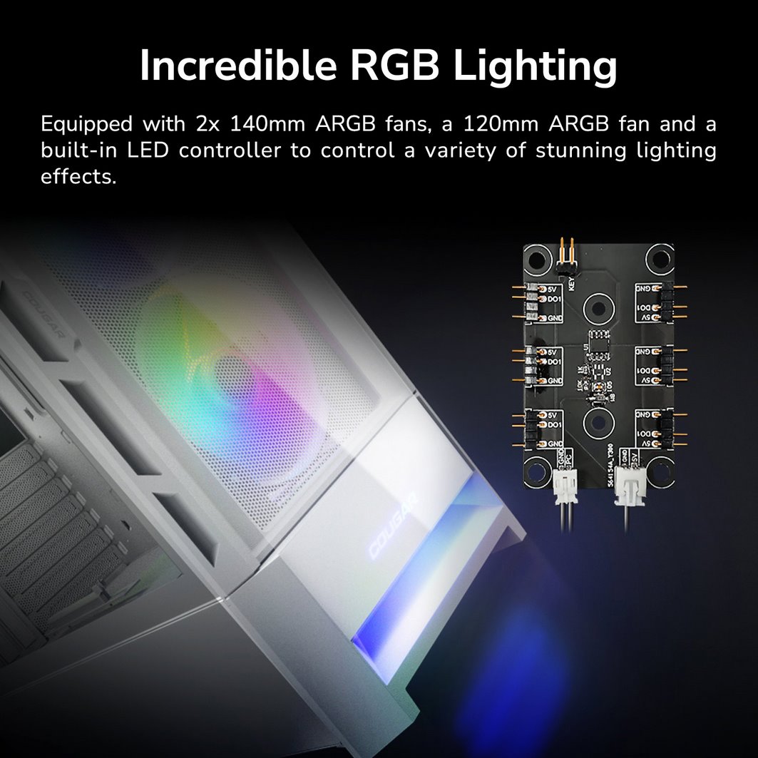 COUGAR PC skříň DUOFACE White Mid Tower Airflow Front Panel TG Left Panel 2 x ARGB 140mm & 1x 120mm Fans