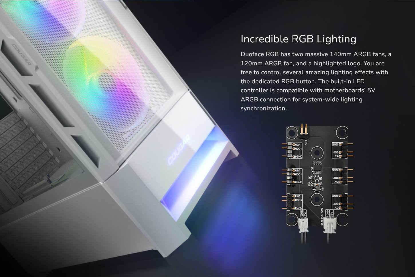 COUGAR PC skříň DUOFACE White Mid Tower Airflow Front Panel TG Left Panel 2 x ARGB 140mm & 1x 120mm Fans