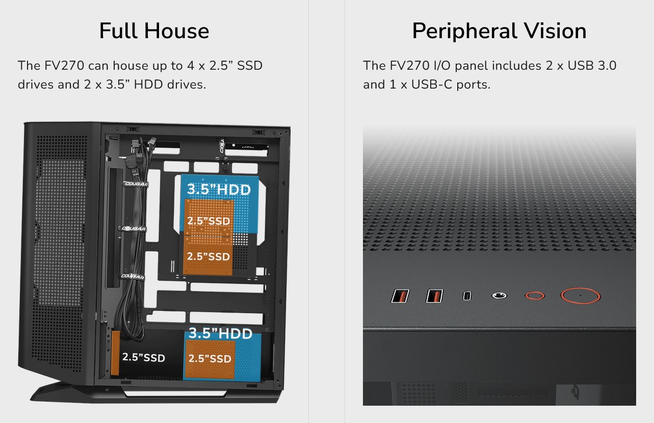 COUGAR PC skříň FV270 Black Mid tower tempered curved glass perimeter quick detachable air filters up to 9 fans