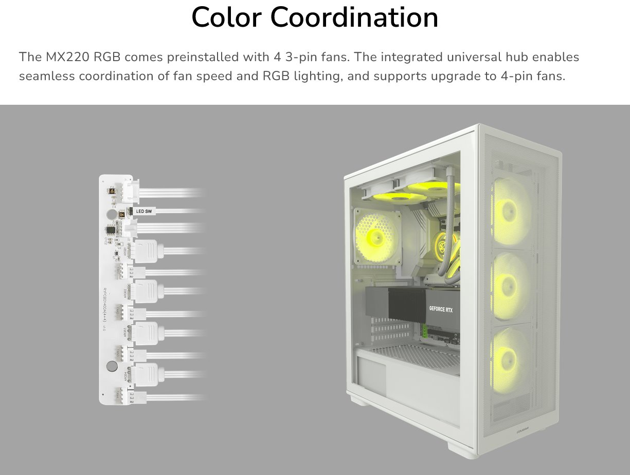 COUGAR PC skříň MX220 RGB White Mid Tower Mesh Front Panel 4 x 120mm ARGB Fans TG Left Panel
