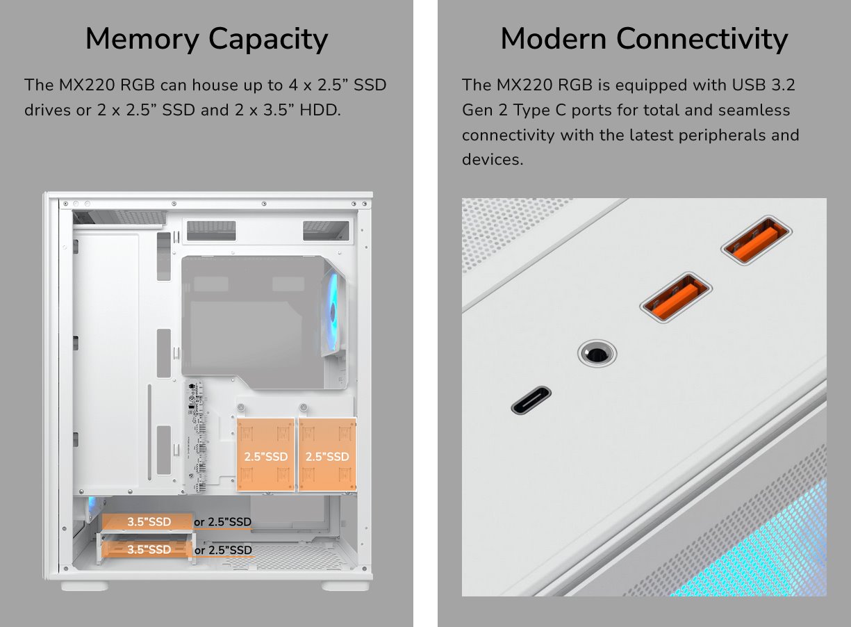 COUGAR PC skříň MX220 RGB White Mid Tower Mesh Front Panel 4 x 120mm ARGB Fans TG Left Panel