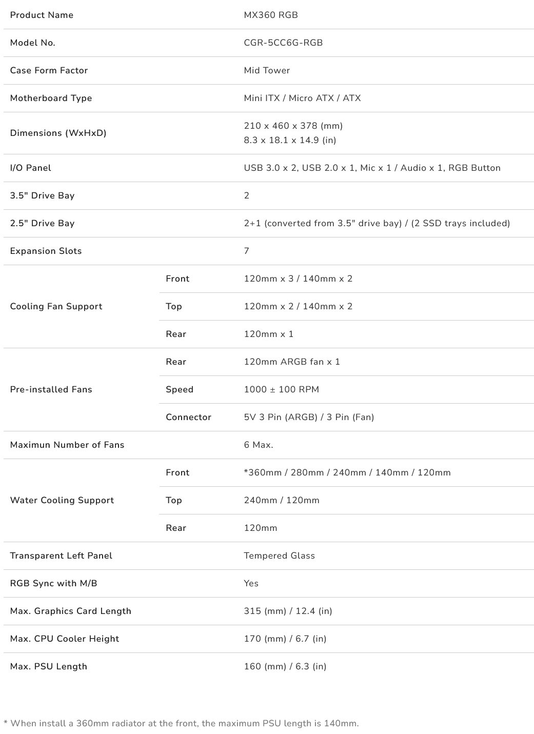 COUGAR PC skříň MX360 Mid Tower Tempered glass cover 120mm fan