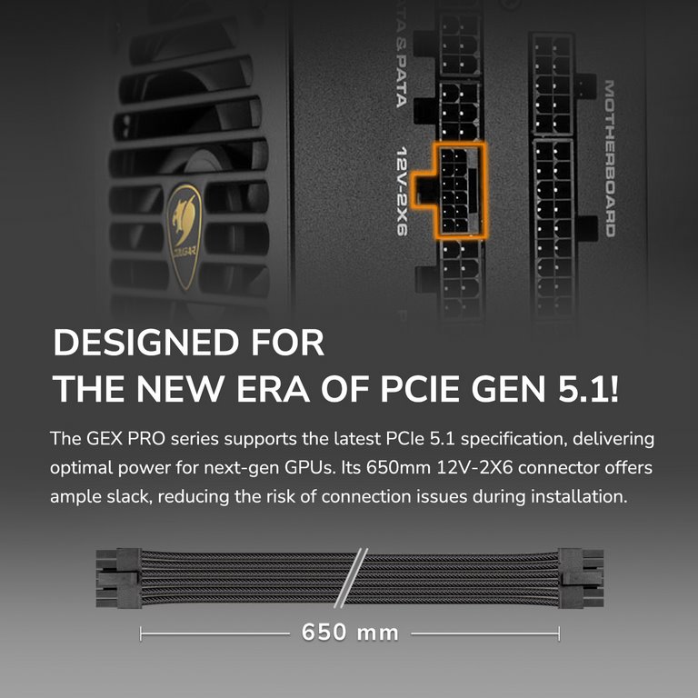 COUGAR PC zdroj GEX PRO 650W 80+ Gold, Fully, ATX3.1, PCIE5.1, GeForce RTX 50 series ready