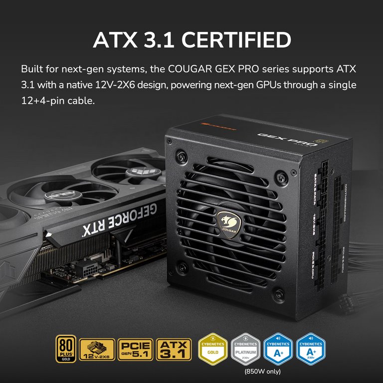 COUGAR PC zdroj GEX PRO 850W 80+ Gold, Fully, ATX3.1, PCIE5.1, GeForce RTX 50 series ready
