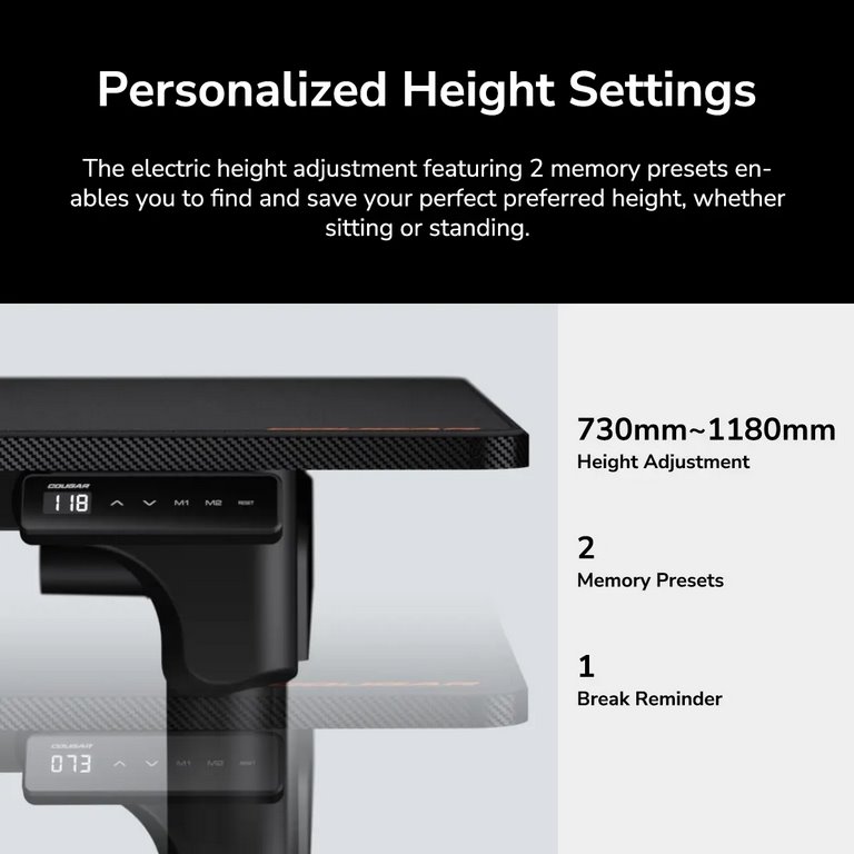 COUGAR stůl E-GRAV 180 elictric 1800 x 800 x 15 mm, 730~1180mm Silent Dual Motor Drive