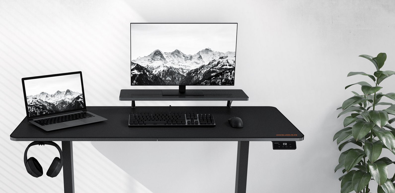 COUGAR stůl E-STAR 120 electric 1200 x 600 x 15, 720-1170mm, carbon design, monitor stand, pad, paměť nastavení 2 módy