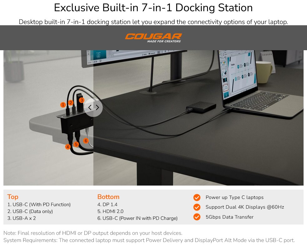 COUGAR stůl ROYAL 150 ELITE elictric 1500 x 800 x 725-1225mm 2x USB 3.0 & 2x USB-C white