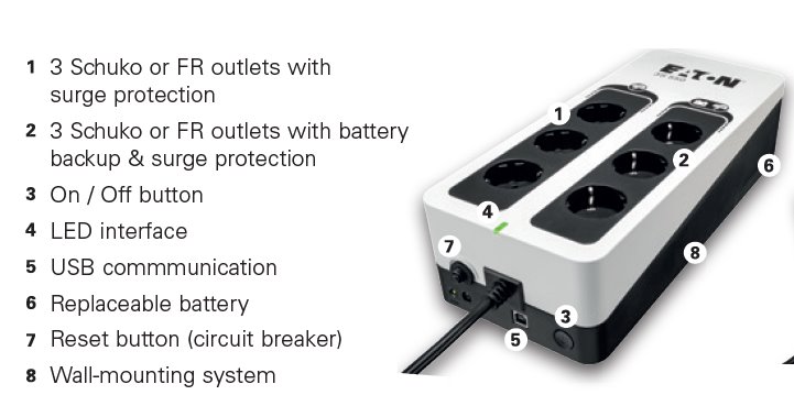EATON UPS 3S 550 FR, Off-line, Tower, 550VA/330W, výstup 6x FR (CZ), USB, bez ventilátoru