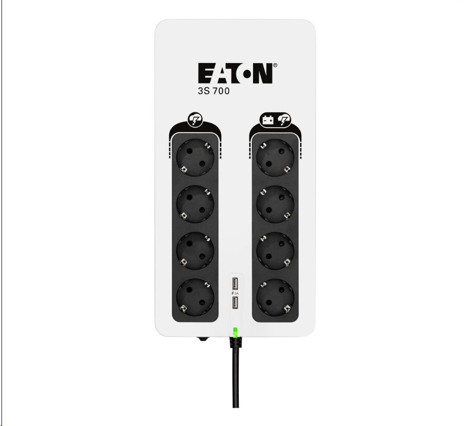 EATON UPS 3S 700 D, Off-line, Tower, 700VA/420W, výstup 8x DIN (Schuko), USB, bez ventilátoru
