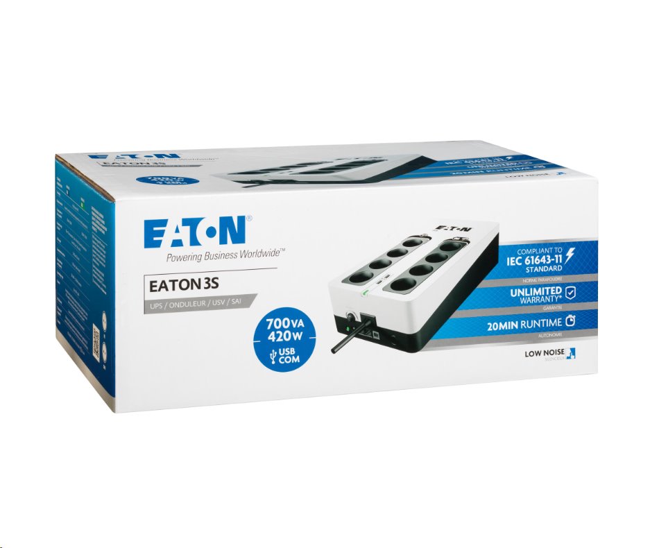 EATON UPS 3S 700 D, Off-line, Tower, 700VA/420W, výstup 8x DIN (Schuko), USB, bez ventilátoru