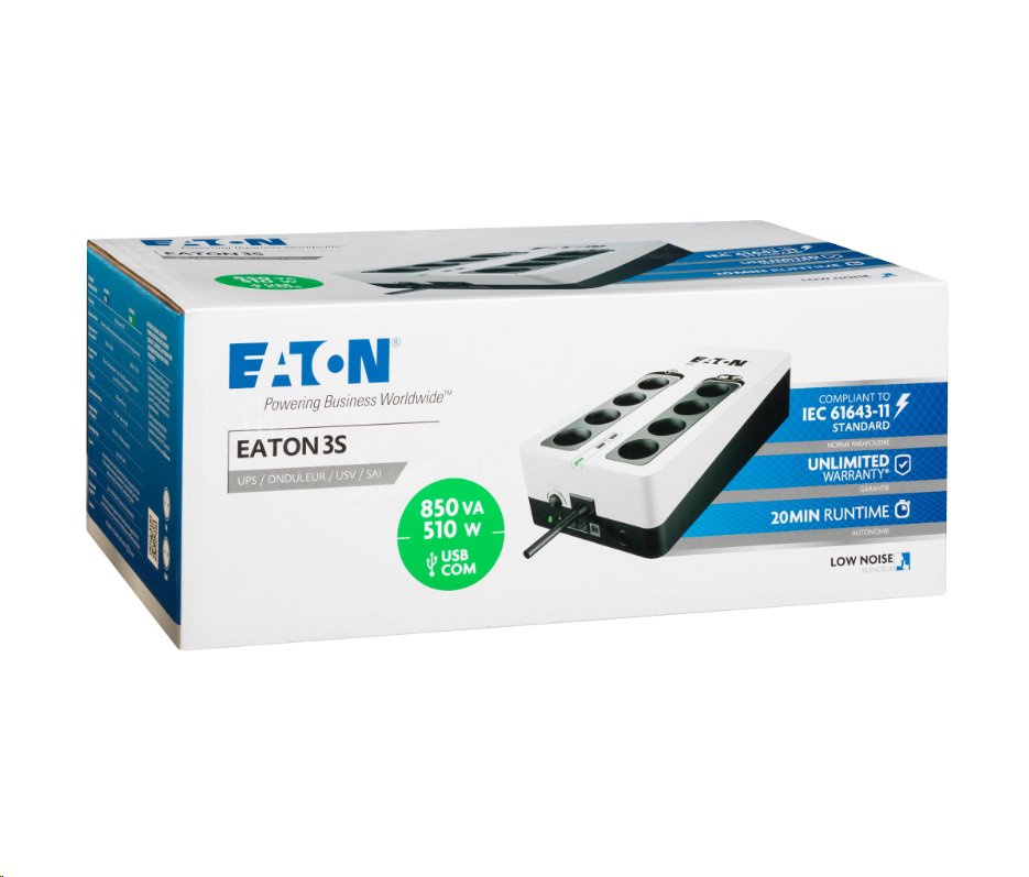 EATON UPS 3S 850 D, Off-line, Tower, 850VA/510W, výstup 8x DIN (Schuko), USB, bez ventilátoru