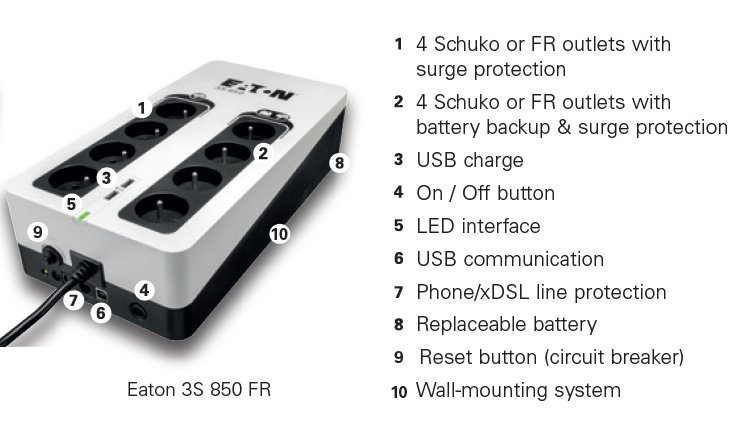 EATON UPS 3S 850 FR, Off-line, Tower, 850VA/510W, výstup 8x FR (CZ), USB, RJ11, 2x USB nabíjení (2A max), bez vent.