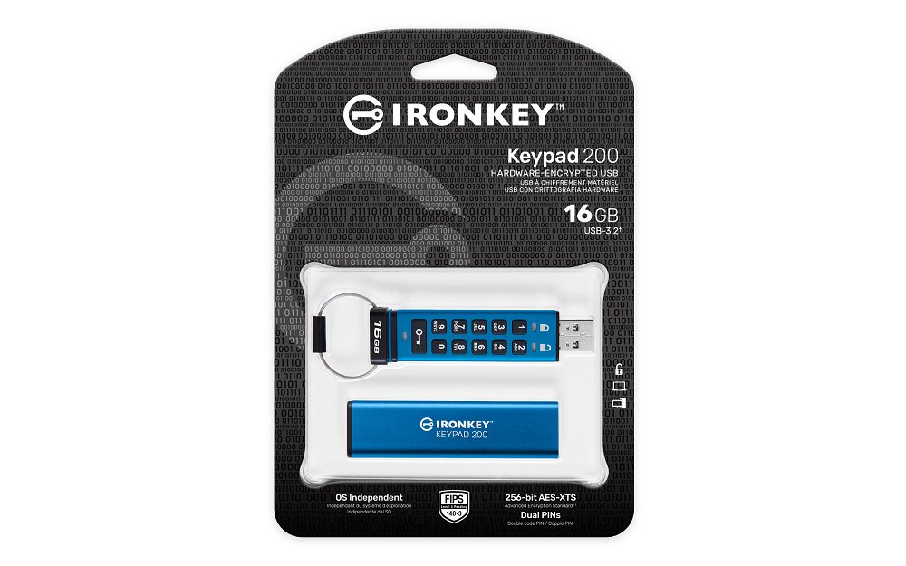 Kingston flash disk 16GB IronKey Keypad 200, FIPS 140-3 Lvl 3 (Pending) AES-256 Encrypted
