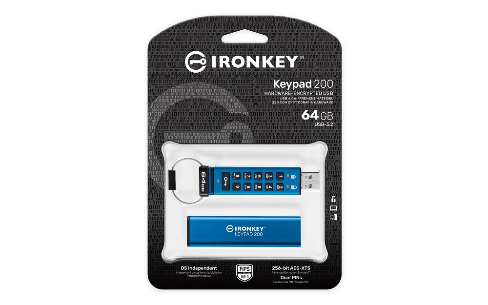 Kingston flash disk 64GB IronKey Keypad 200, FIPS 140-3 Lvl 3 (Pending) AES-256 Encrypted