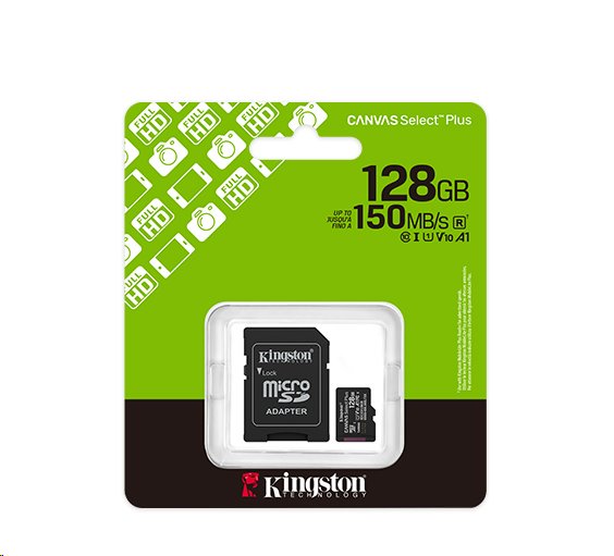 Kingston paměťová karta 128GB Canvas Select Plus Gen 3 microSDXC 150R A1 C10 Card + ADP