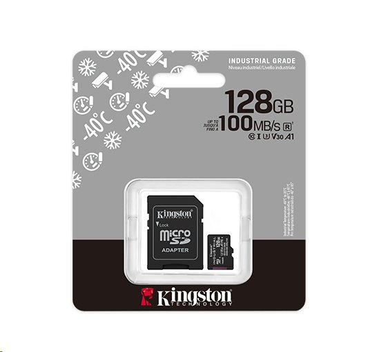 Kingston paměťová karta 128GB Industriální micro SDXC UHS-I C10 (čtení/zápis: 100/80MB/s) + SD adaptér