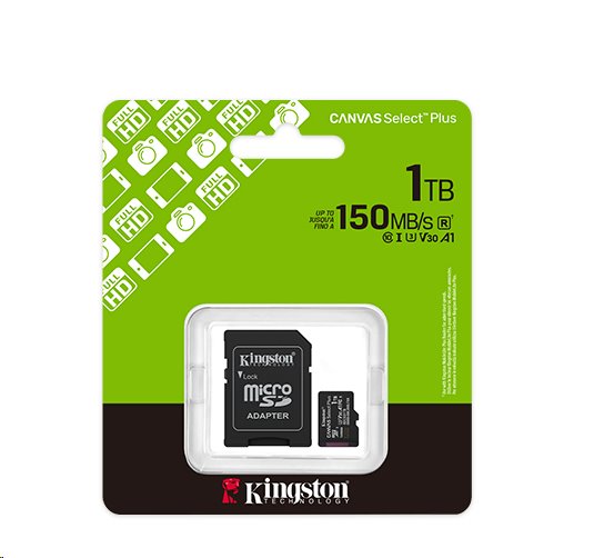 Kingston paměťová karta 1TB Canvas Select Plus Gen 3 microSDXC 150R A1 C10 Card + ADP