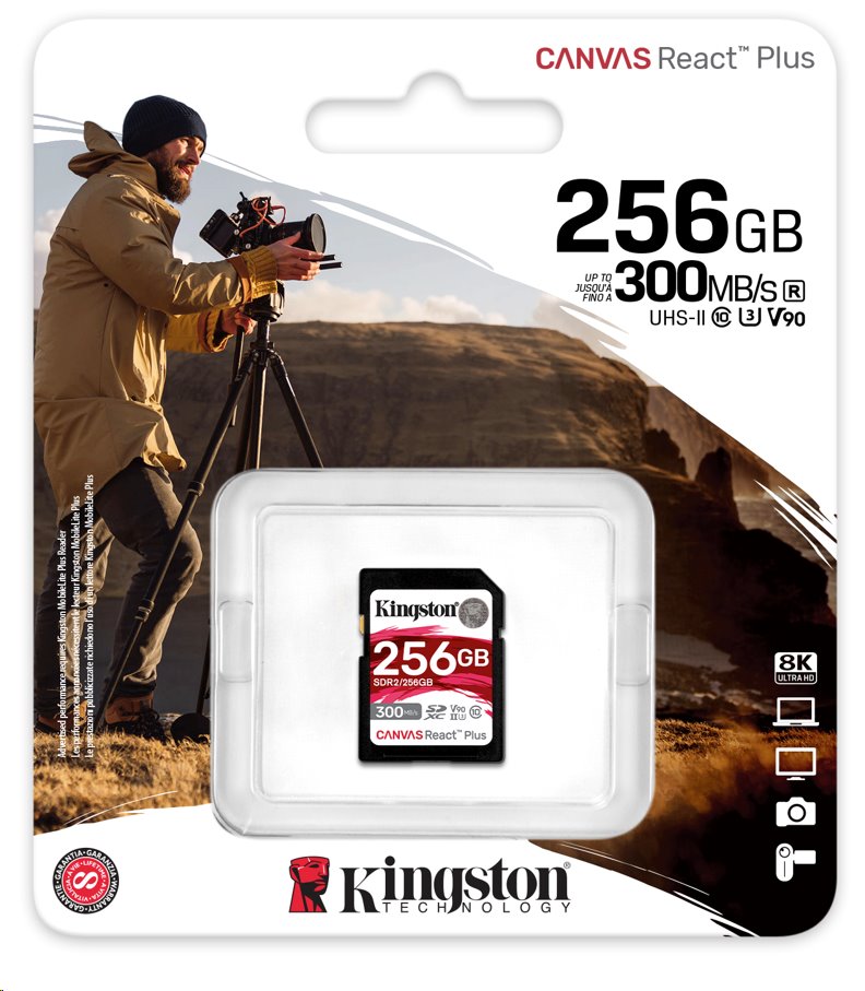 Kingston paměťová karta 256GB Canvas React Plus SDXC UHS-II 300R/260W U3 V90 for Full HD/4K/8K