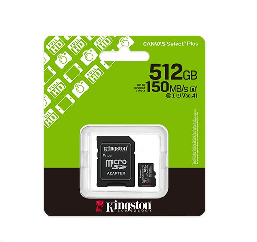 Kingston paměťová karta 512GB Canvas Select Plus Gen 3 microSDXC 150R A1 C10 Card + ADP