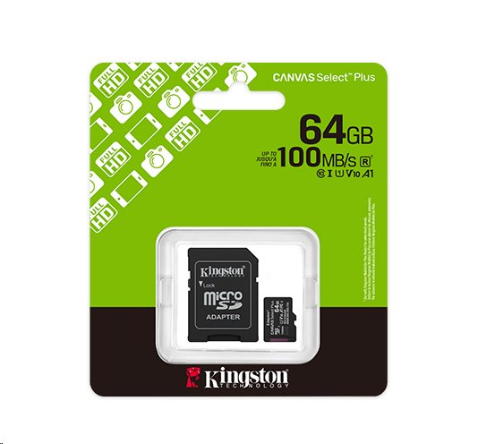 Kingston paměťová karta 64GB Canvas Select Plus Gen 3 microSDXC 150R A1 C10 Card + ADP