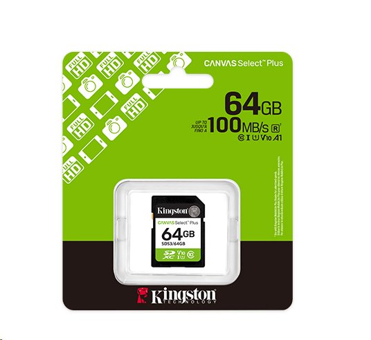 Kingston paměťová karta 64GB Canvas Select Plus Gen 3 SDXC 150R U1 UHS-I C10 V10