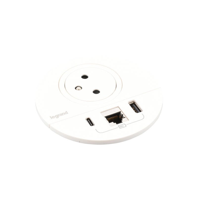 Legrand - Incara™ Disq 80 - Zapuštěná zásuvka 2P+T/USB A+C/RJ45, bílá, 2m