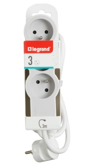 LEGRAND Revolution prodlužovací přívod 3x2P+T, kabel 3m, bílá-světlé šedá