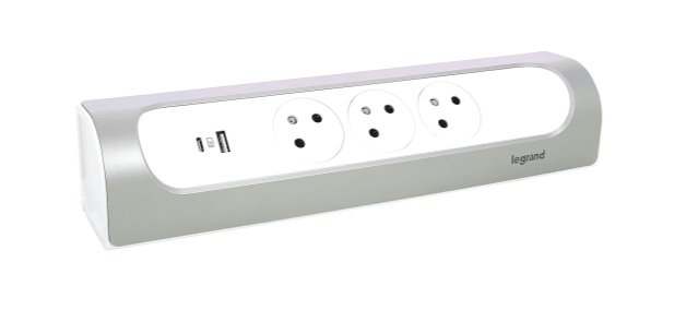 LEGRAND Revolution zásuvkový blok rohový 3x2P+T/USB A+C, bez kabelu, bílá-hliník
