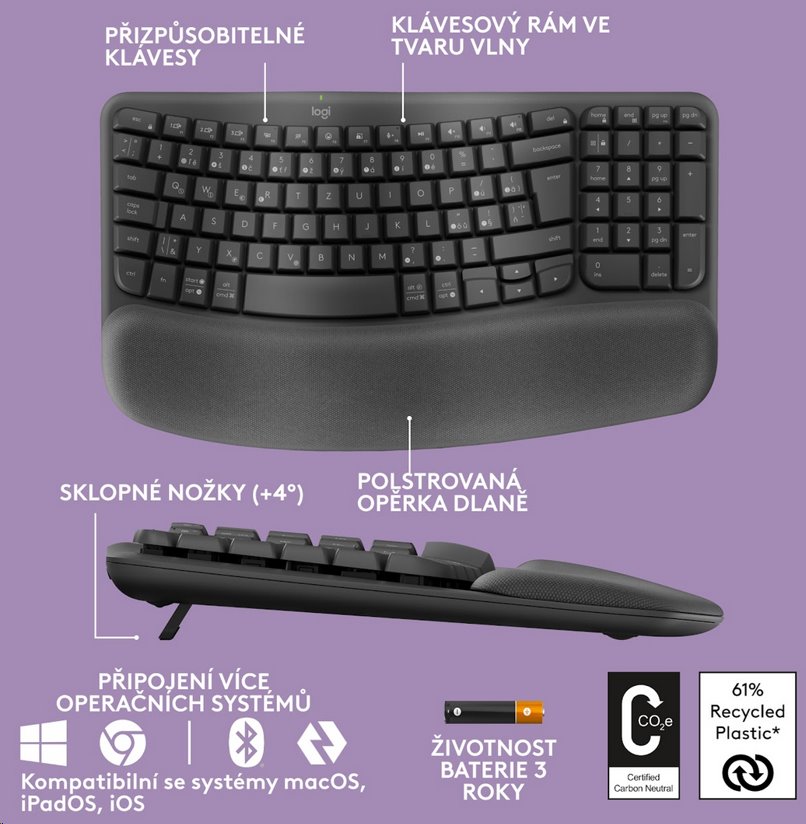 Logitech Wave Keys wireless ergonomic keyboard GRAPHITE - US INT'L - 2.4GHZ/BT