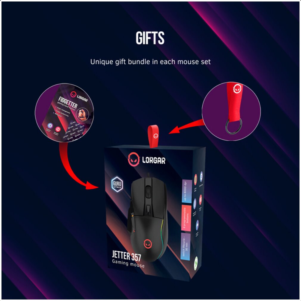 LORGAR herní myš Jetter 357, drátová, až 8 000 DPI, RGB LED, Pixart ATG4090, 6tl., makra, černá