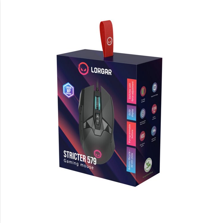 LORGAR herní myš Stricter 579, drátová, OLED display, až 12 000 DPI, RGB, Pixart PMW 3336, 9tl., makra, černá