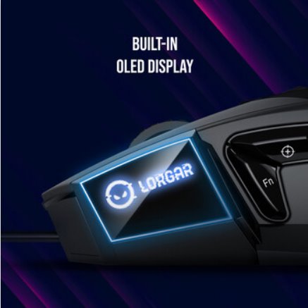 LORGAR herní myš Stricter 579, drátová, OLED display, až 12 000 DPI, RGB, Pixart PMW 3336, 9tl., makra, černá