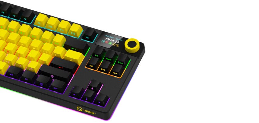 LORGAR Klávesnice KBP70TKLW, TKL mechanická, 75%, bezdrátová herní, černá/žlutá, CS