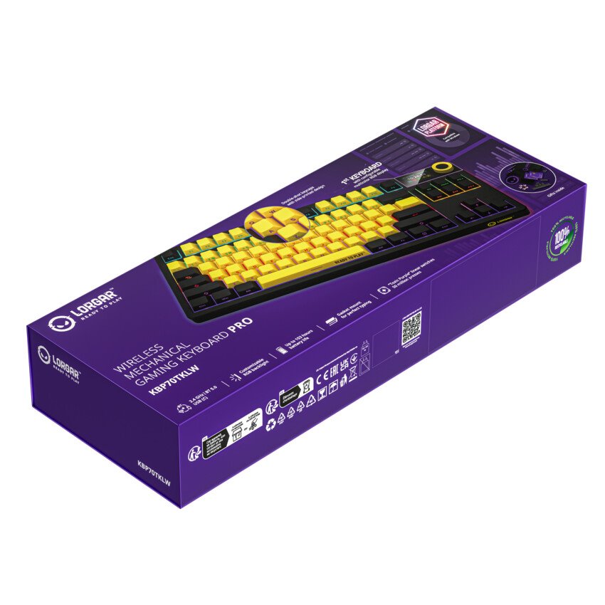 LORGAR Klávesnice KBP70TKLW, TKL mechanická, 75%, bezdrátová herní, černá/žlutá, CS