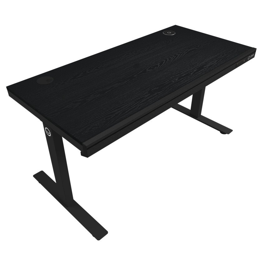 LORGAR stůl s nastavitelnou výškou, bezdrátovou nabíječkou, RGB osvětlením a USB porty, dřevěná deska, černý