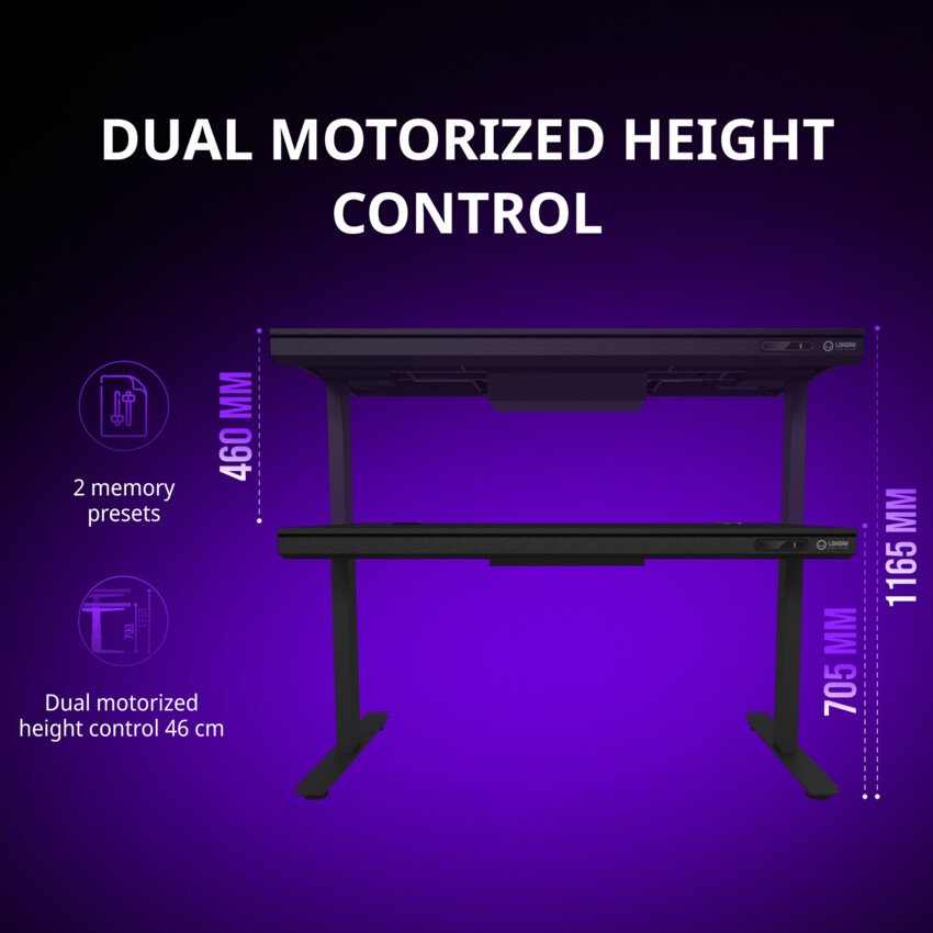 LORGAR stůl s nastavitelnou výškou, bezdrátovou nabíječkou, RGB osvětlením a USB porty, dřevěná deska, černý