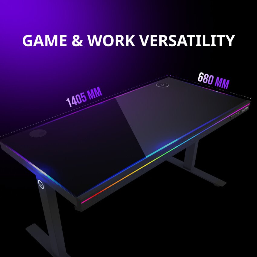 LORGAR stůl s nastavitelnou výškou, bezdrátovou nabíječkou, RGB osvětlením a USB porty, dřevěná deska, černý