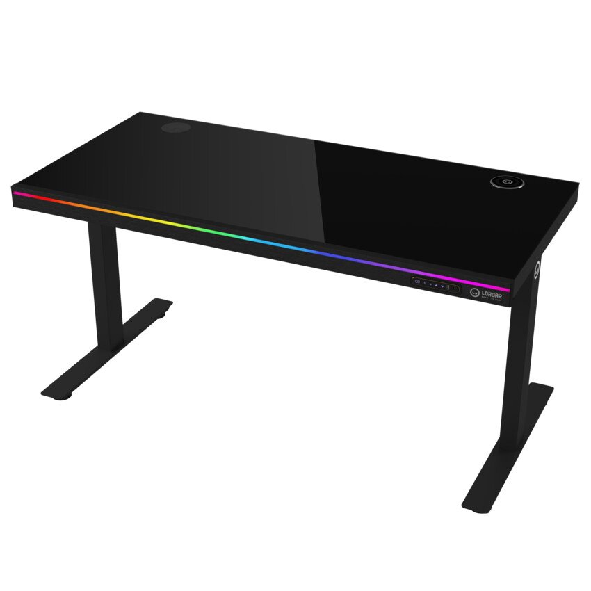 LORGAR stůl s nastavitelnou výškou, bezdrátovou nabíječkou, RGB osvětlením a USB porty, tvrzené sklo, černý