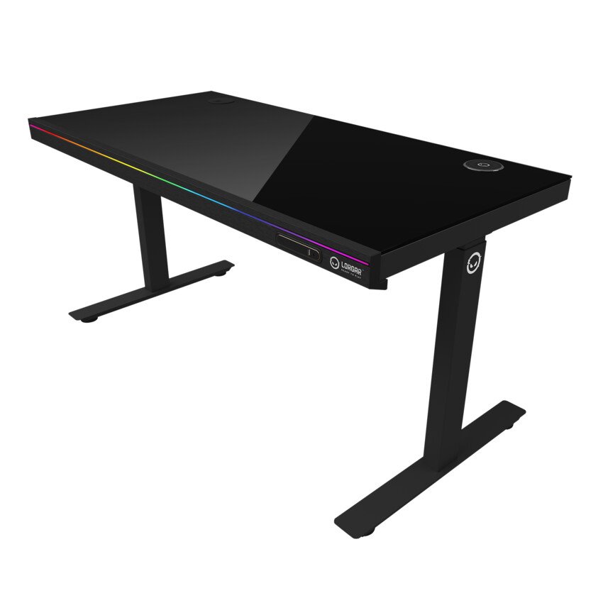 LORGAR stůl s nastavitelnou výškou, bezdrátovou nabíječkou, RGB osvětlením a USB porty, tvrzené sklo, černý