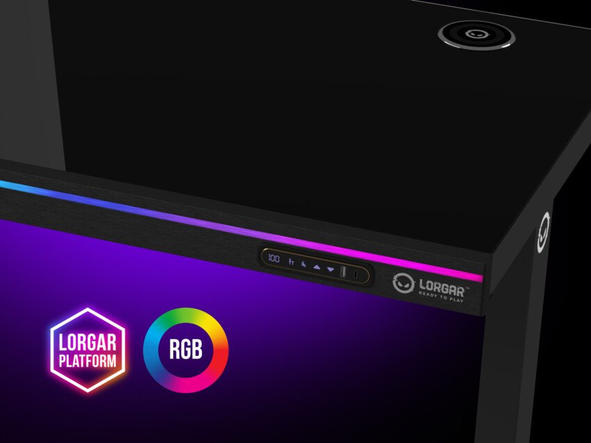 LORGAR stůl s nastavitelnou výškou, bezdrátovou nabíječkou, RGB osvětlením a USB porty, tvrzené sklo, černý