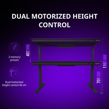 LORGAR stůl s nastavitelnou výškou, bezdrátovou nabíječkou, RGB osvětlením a USB porty, tvrzené sklo, černý