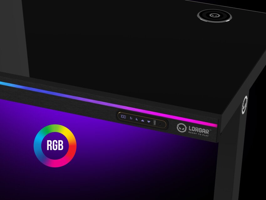 LORGAR stůl s nastavitelnou výškou, bezdrátovou nabíječkou, RGB osvětlením a USB porty, tvrzené sklo, černý