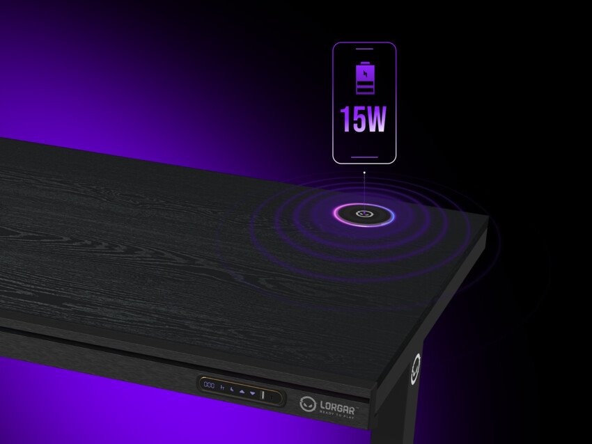 LORGAR stůl s nastavitelnou výškou, bezdrátovou nabíječkou, RGB osvětlením a USB porty, tvrzené sklo, černý