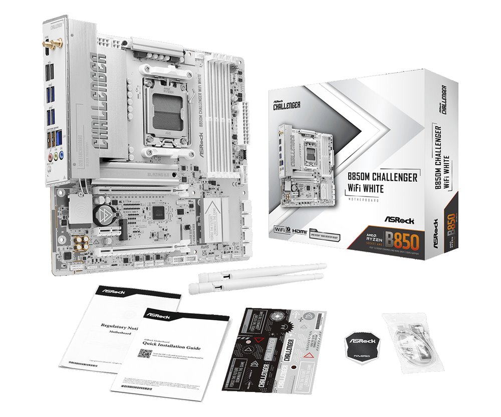 MB Asrock B850M CHALLENGER WIFI WHITE /AM5/4xDDR5/M.2/W7+BT5.4/HDMI/mATX, White